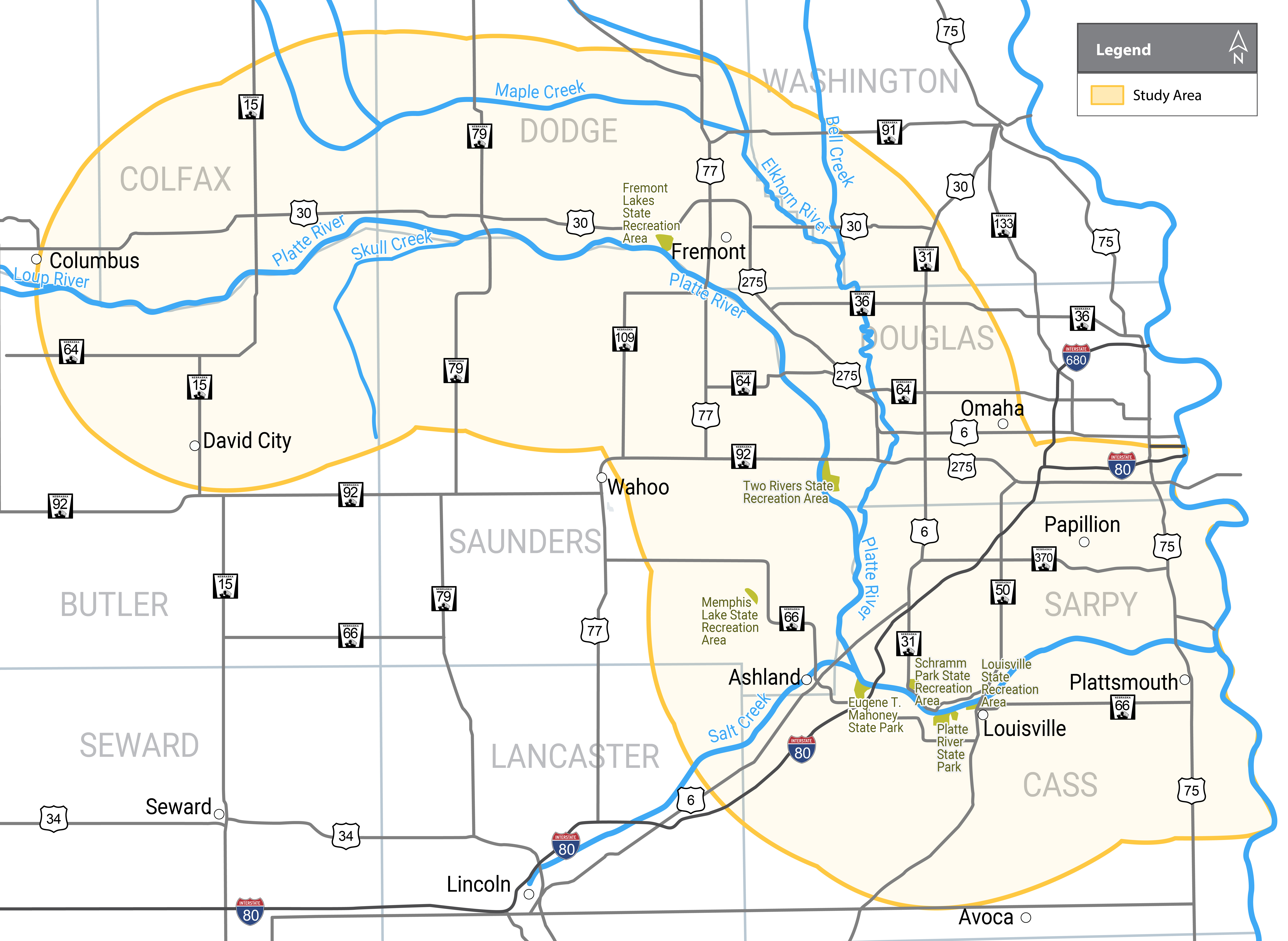 A map of the study scope, which spans the length of the Platte River from Columbus to Plattsmouth, Nebraska. The map includes counties and major cities in the study area, including Columbus, Fremont, Omaha, Papillion, Ashland, Louisville and Plattsmouth. Some Nebraska State Parks and State Recreation Areas are also highlighted on the map, including Mahoney State Park, Platte River State Park, Schramm Park State Recreation Area, Louisville State Recreation Area, Two Rivers State Recreation Area and Fremont Lakes State Recreation Area. 